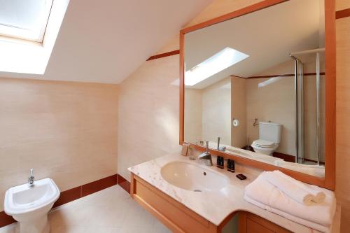 a bathroom with a sink and a toilet and a mirror at Apartments Amabilis in Selce