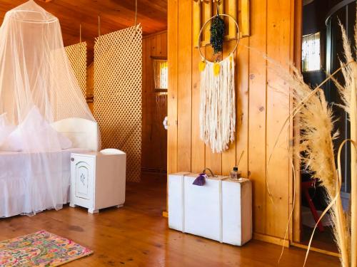 a living room with a bed and a room with at Dream Tricule in Sviniţa