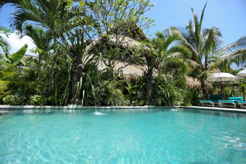 a swimming pool with blue chairs and palm trees at Tigerlillys Boutique Hotel in Nusa Lembongan