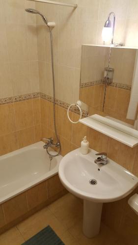 y baño con lavabo, ducha y bañera. en Apartamento Turístico Los Altos, en Noja