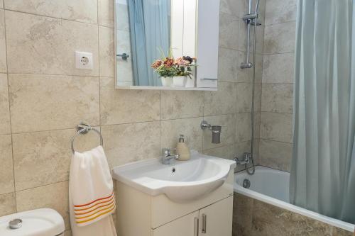 a bathroom with a sink and a toilet and a shower at Maxxy Apartments in Bucharest