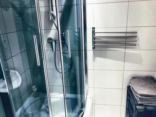a bathroom with a shower with a glass at Apartament Orchidea New Slavia in Międzyzdroje