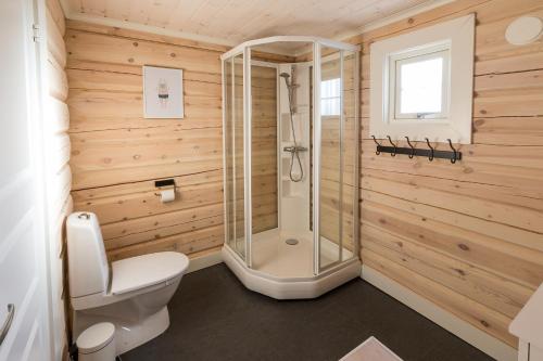 a bathroom with a shower and a toilet at Mountain View in Stranda