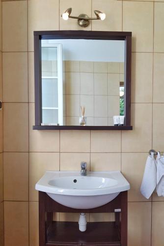 a bathroom with a sink and a mirror at Pałac w Krzelowie in Krzelów