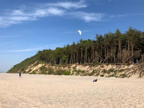 a person is flying a kite on a beach at VILLA DANUTA- WISELKA, direct at National Park, big garden, 4 bedrooms, private SAUNA in Wisełka