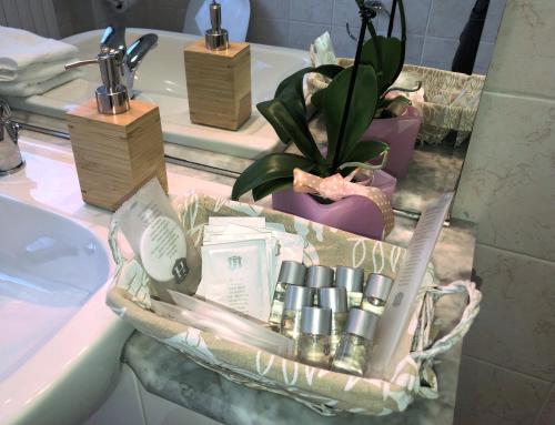 eine Badezimmertheke mit einem Korb mit Pflegeprodukten und einem Waschbecken in der Unterkunft Comfort House Pisa in Pisa