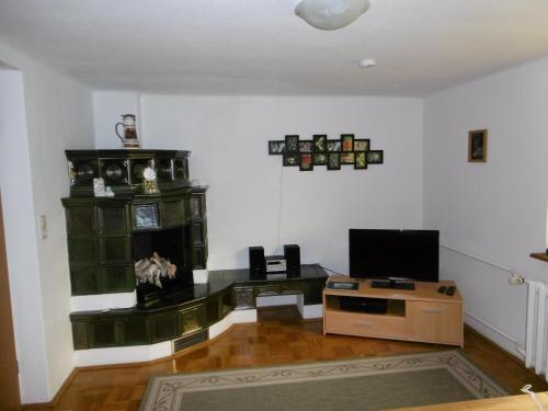 a living room with a fireplace and a television at Ferienwohnung Janke in Nossen