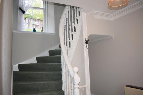 a staircase in a house with green carpet at 3 St Gilbert Street in Dornoch