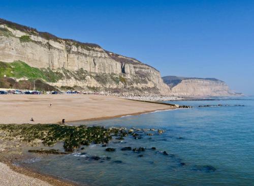 a beach with a rocky shoreline and the ocean at The Laindons in Hastings