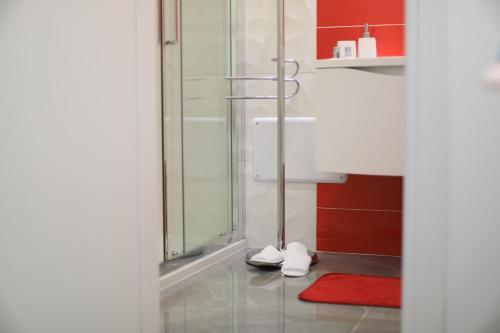 a bathroom with a shower and a red rug at Bed Nonnonino in Porto Cesareo
