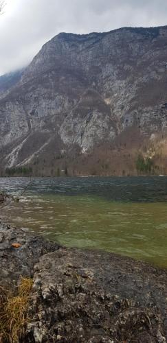 a large body of water with mountains in the background at Hotel GH Kolinska in Bled