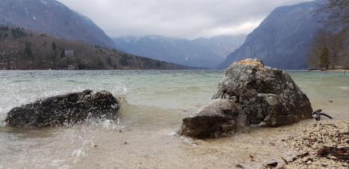 a body of water with two large rocks in the water at Hotel GH Kolinska in Bled