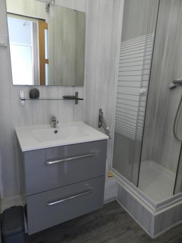 une salle de bain avec un lavabo et une douche dans l'établissement Appartement fort bloqué, à Ploemeur