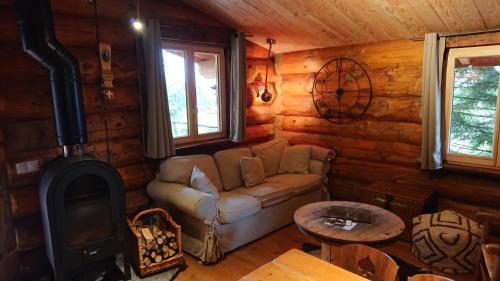 a living room with a couch and a wood stove at Les Cabanes Du Saleve in Collonges-sous-Salève