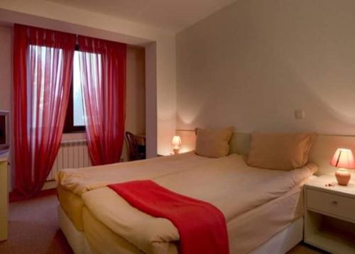 a bedroom with a large bed with red curtains at Hotel Temenuga in Panichishte