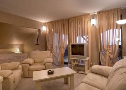 a living room with a bed and a living room with a television at Hotel Temenuga in Panichishte
