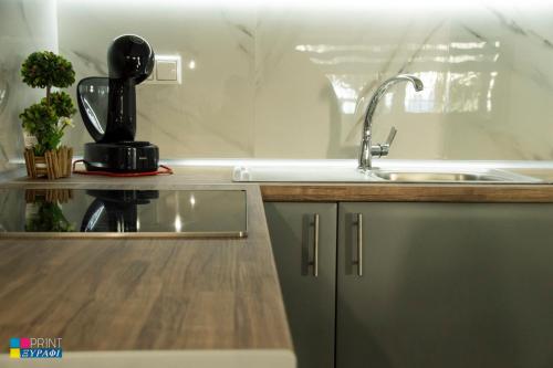 a kitchen counter with a sink and a mixer at Evaggelia Design Suite in Nea Peramos