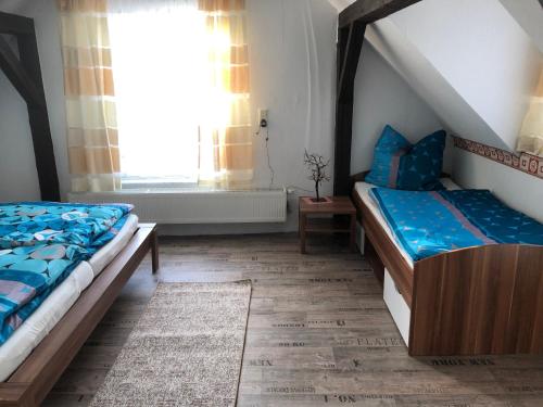 a bedroom with two beds and a window at Ferienwohnung am Rande der Dübener Heide in Laußig