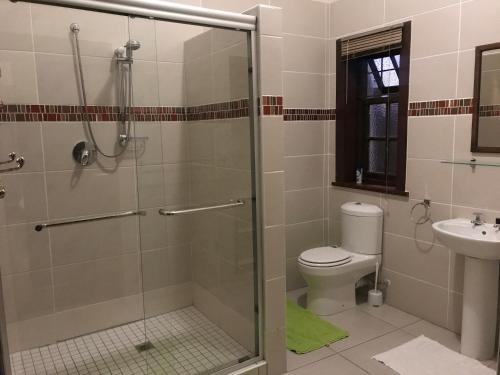 a bathroom with a shower and a toilet and a sink at Queenspark Lodge in Bloemfontein