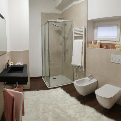 a bathroom with a shower and a toilet and a sink at La petite maison in Treviso
