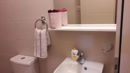 a bathroom with a sink and a toilet and a mirror at Apartmani V&F in Vrnjačka Banja