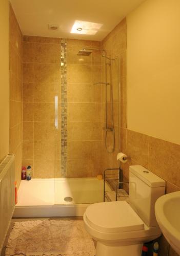 a bathroom with a toilet and a shower and a sink at Orchid House in Southport