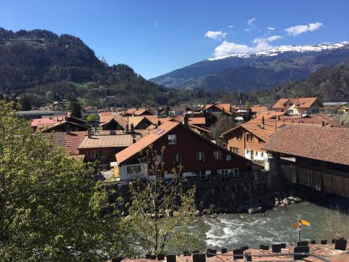 a view of a town with a river and mountains at Historic Hotel Steinbock in Wilderswil