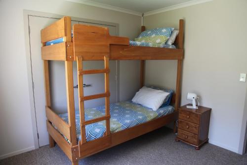 a bedroom with a bunk bed with a ladder at waikawa house in Niagara