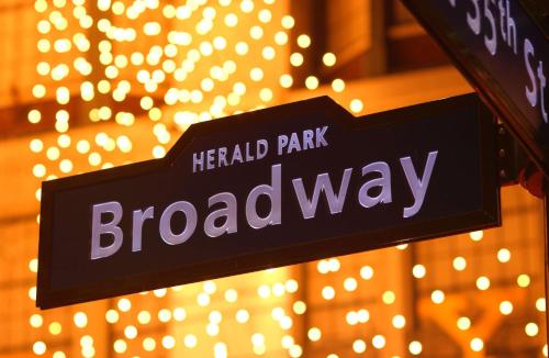 a street sign that reads hazard park broadway at Hyatt Herald Square New York in New York