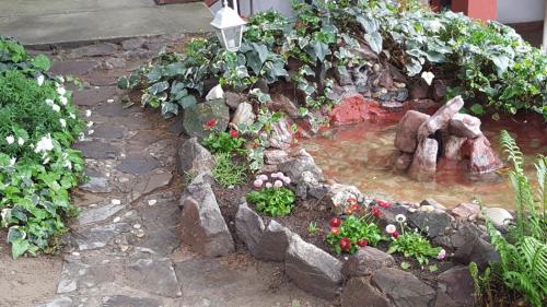 a garden with a pond with flowers and rocks at Apartmani Stojanovic in Sremska Kamenica