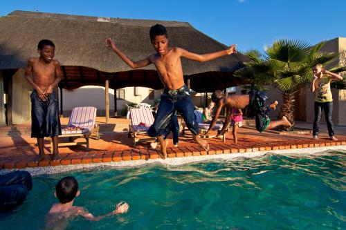 a group of young men jumping into a swimming pool at Kashana Namibia in Omaruru