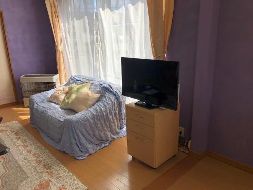 a bedroom with a tv on a dresser with a bed at STAY Sakura in Bibai