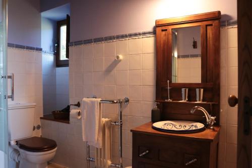 a bathroom with a sink and a toilet and a mirror at Casa Rural Norita - Adults only in Lourenzá