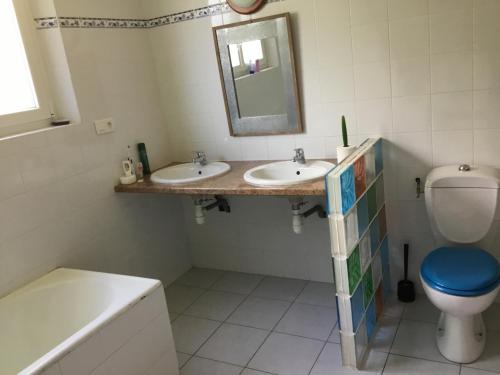 une salle de bain avec deux lavabos et un WC et un miroir dans l'établissement Gites-Cyclistes-Léon, à Léon