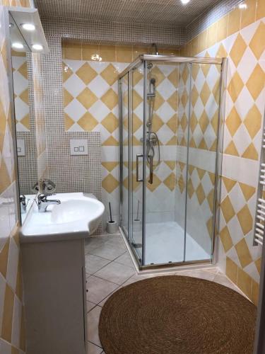 ein Bad mit einer Dusche und einem Waschbecken in der Unterkunft Bellevue in Saintes-Maries-de-la-Mer