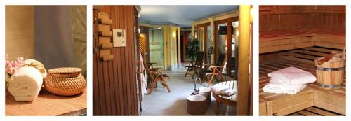 three pictures of a living room with a fireplace at Hotel Spanischer Hof in Gröditz