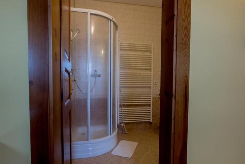 a bathroom with a shower with a glass door at Penzion U Hrádku in Kutná Hora