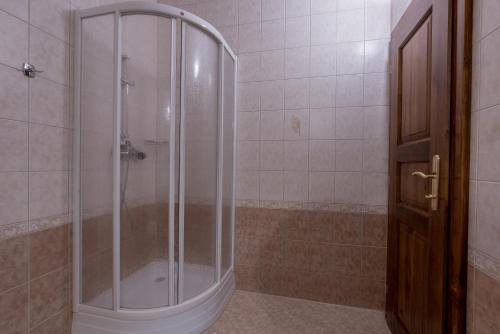 a shower with a glass door in a bathroom at Penzion U Hrádku in Kutná Hora