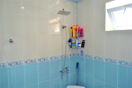 baño con ducha, aseo y ventana en Garden Cottage near Beach, Airport, en Baku