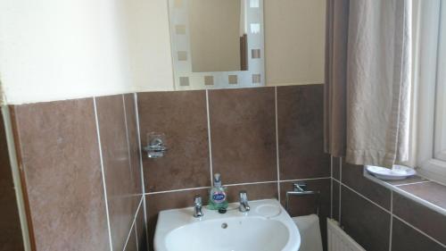 a bathroom with a sink and a mirror at Arman Lodge House in Peterborough