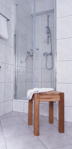 a bathroom with a shower and a bench in front of a shower at Urlaubspension 'Hohes Rott' und Apartmenthaus in Heilbad Heiligenstadt