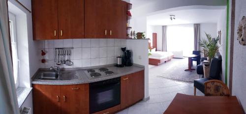 cocina con fregadero y fogones horno superior en Urlaubspension 'Hohes Rott' und Apartmenthaus en Heilbad Heiligenstadt