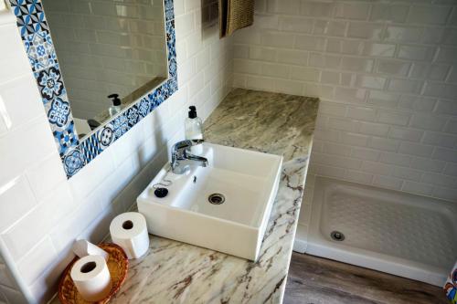 a bathroom with a white sink and a mirror at Casa del Hortelano in Chinchón