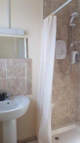 a bathroom with a sink and a shower curtain at Arman Lodge House in Peterborough