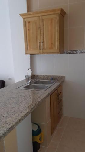 a kitchen with a sink and wooden cabinets at Apartamentos Nuevo Amanecer in Río San Juan