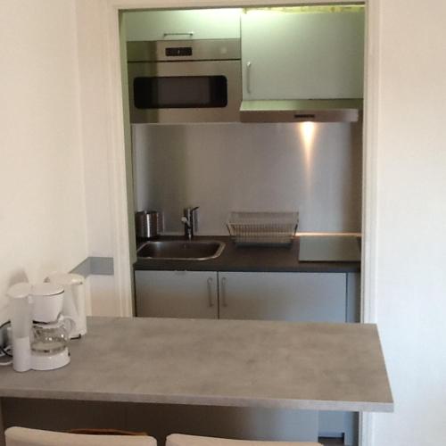 une cuisine avec un évier et un plan de travail dans l'établissement Studio pour cures et vacances, à Gréoux-les-Bains