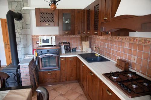 a kitchen with wooden cabinets and a stove top oven at Apartment Gaia in Lokve