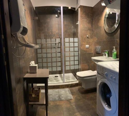 a bathroom with a shower and a washing machine at Apartament Baltic Park Stegna in Stegna