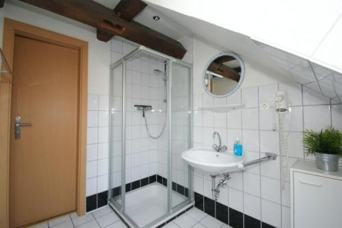 a bathroom with a shower and a sink at Ferienhaus Herter in Butjadingen
