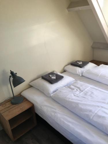 2 Betten in einem Zimmer mit einer Lampe auf einem Nachttisch in der Unterkunft Studio de Pelgrim in Vrouwenpolder
